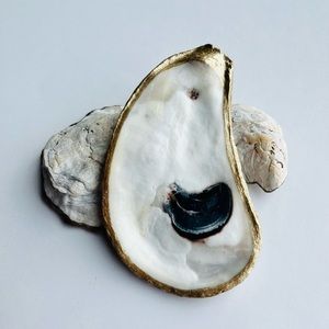 Handmade Natural Oyster Shell Ring/Trinket Dish with Painted Gold Trim